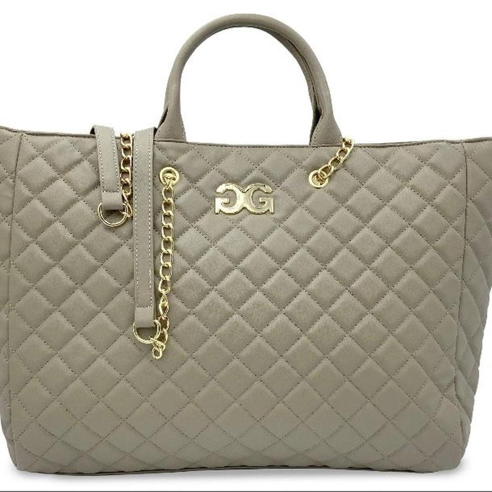 Tan and Gold Quilted Tote Bag with Chain Strap